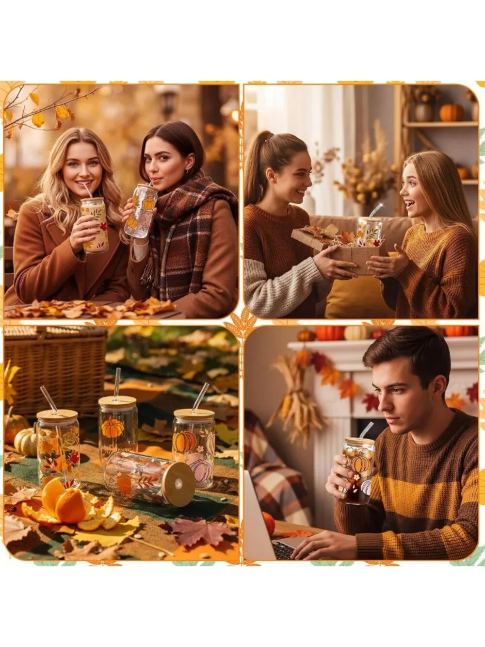 12 Pcs Autumn Pumpkin Glass Cups with Lids & Straws - Cozy Fall Tumblers, Gifts